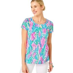 Lilly Pulitzer Top Womens Small Pink Blue Etta Tropical Beach Slub Cotton Shirt